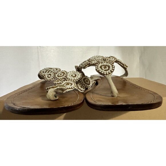 MYSTIQUE White Gold Beaded Pearl Boho Leather Thong Sandals Flip Flop Sz 8 - Picture 6 of 13